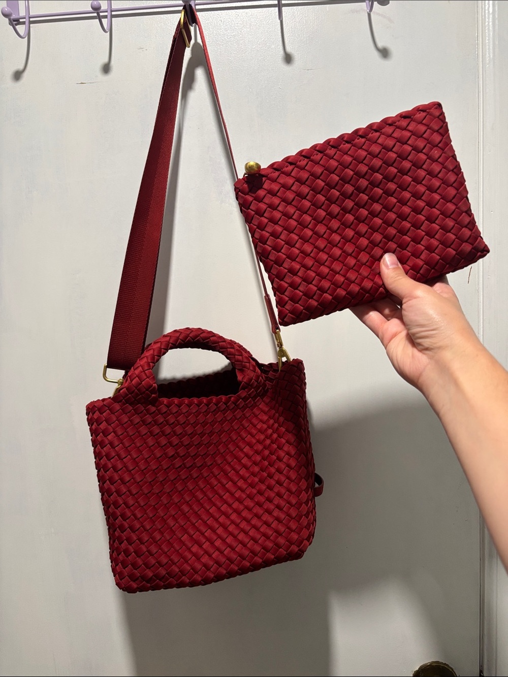 NAGHEDI St. Barthes petit tote bag woven in red with strap and small pouch